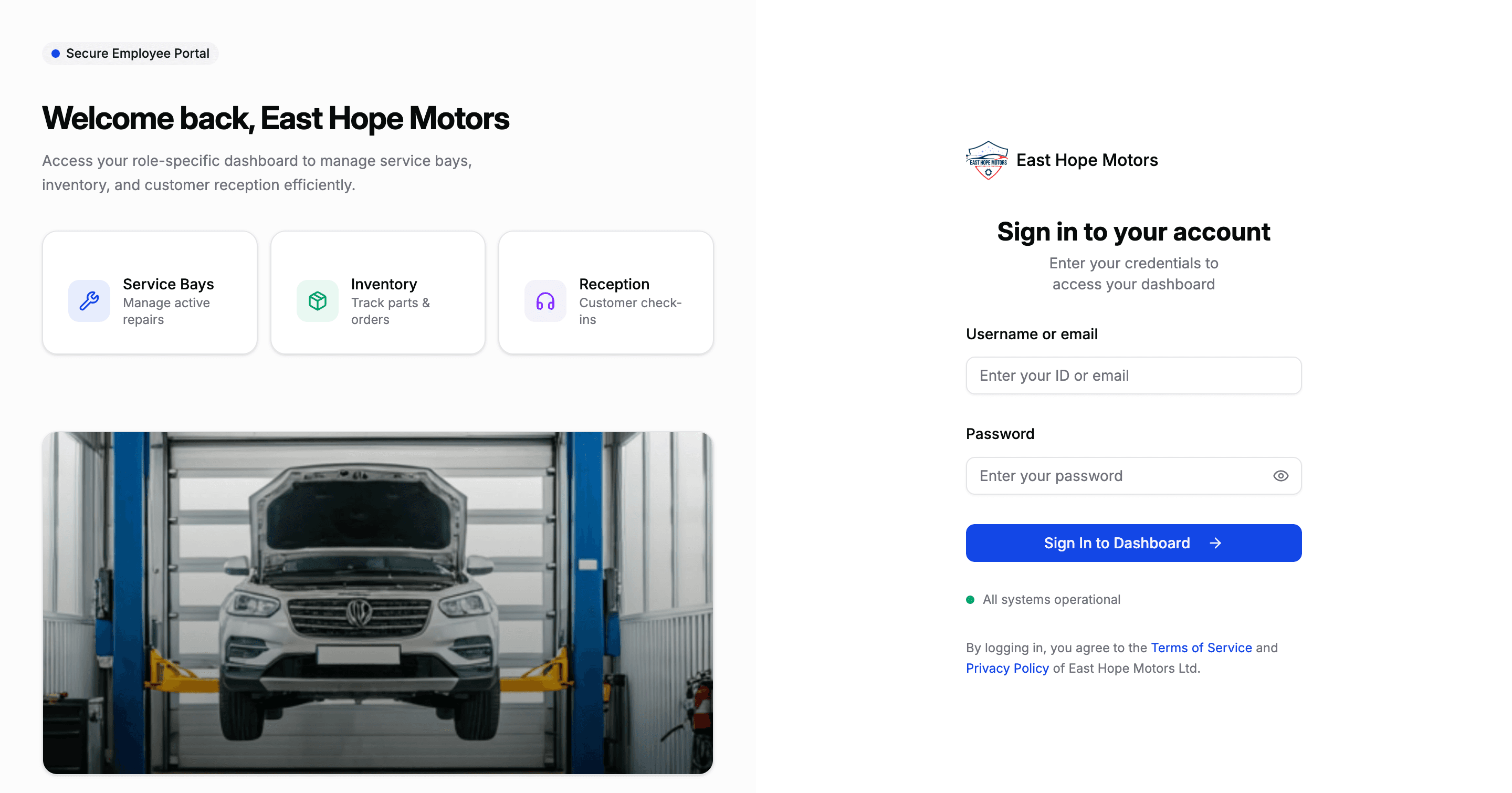 East Hope Motors — Garage System